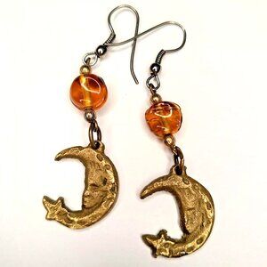 Celestial Crescent Moon Stars Brass Earrings Glass Bead Charm Y2K Jewelry Vtg